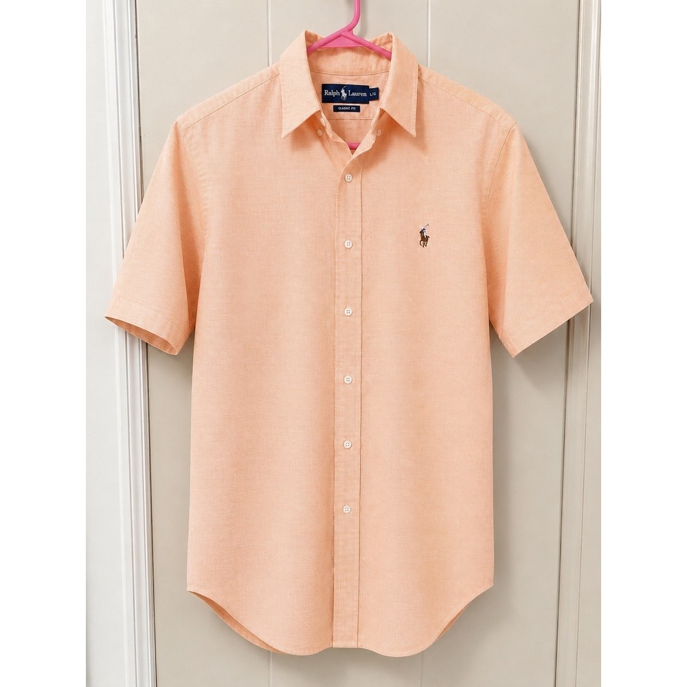 Polo Ralph Lauren Mens Classic Fit Short Sleeve Oxford Shirt Orange Peach Small